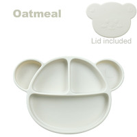 Grosmimi Bear Silicone Suction Food Plate with Silicone Lid  (Oatmeal Color)