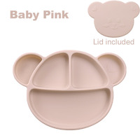 Grosmimi Bear Silicone Suction Food Plate with Silicone Lid (Pink Color)