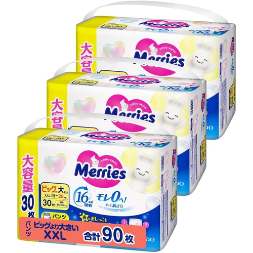 Merries Pants Giant Pack Size XXL 1Carton 90pcs (XXL30x3) 15-28KG - Up to 16 Hours (NEWEST VERSION) 大增量