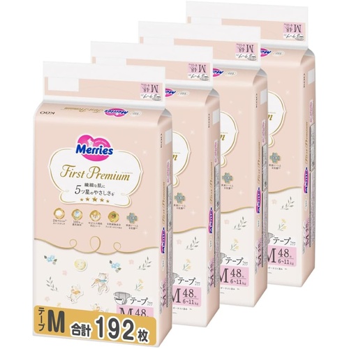 Merries First Premium Nappies Size M 1Carton 192pcs (M48x4) 6-11KG - 花王顶级