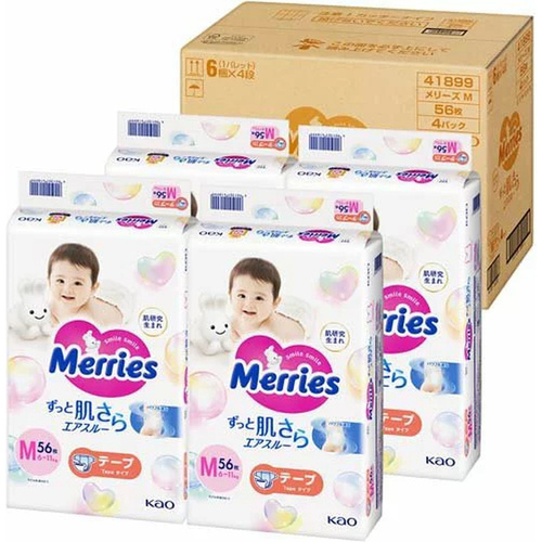 Merries Nappies Size M 1Carton 224pcs (M56x4)  6-11KG - NEW VERSION 小增量