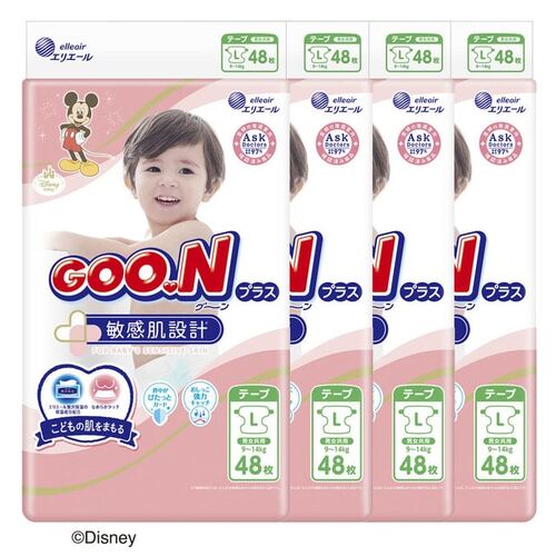 Goo.N Plus Nappies for Sensitive Skin Size L 1Carton 192pcs (L48x4) 9-14KG -Disney 大王敏感肌 NEW VERSION