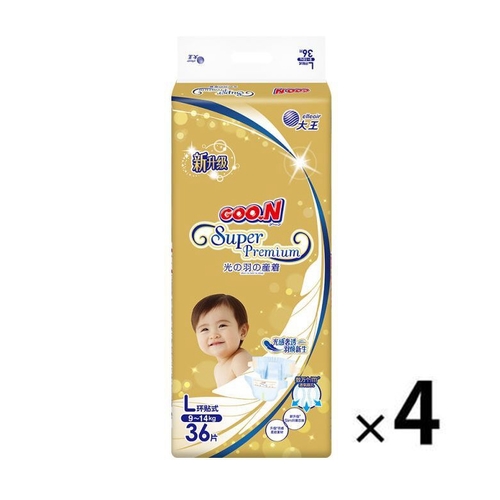 Goo.N Super Premium Nappies Size L 1Carton 144pcs (L36x4) 9-14KG 大王光羽