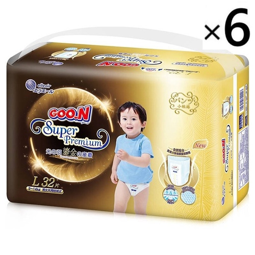 Goo.N Super Premium Nappy Pants Gold Series Size L 1Carton 192pcs (L32x6) 9-14KG 大王 鎏金拉拉裤