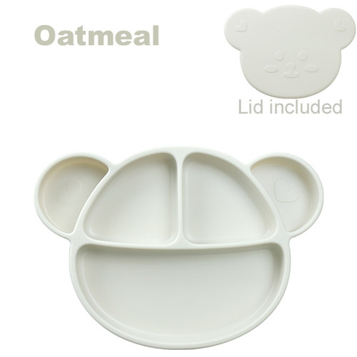 Grosmimi Bear Silicone Suction Food Plate with Silicone Lid (Oatmeal)