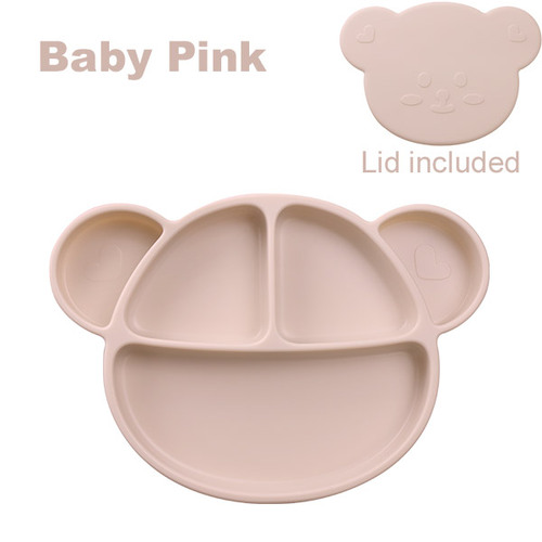 Grosmimi Bear Silicone Suction Food Plate with Silicone Lid (Baby Pink)