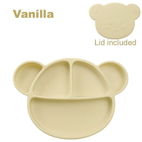 Grosmimi Bear Silicone Suction Food Plate with Silicone Lid (Vanilla Color)