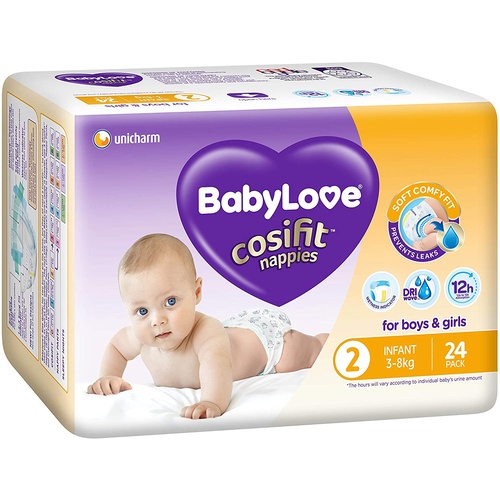Babylove Cosifit Infant Size 2 Nappies 24PK (3-8KG) + Genki Nappies S 2PK