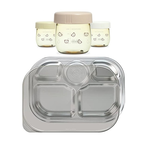 Grosmimi Stainless SUS304 Baby Food Tray with Lid (5 Compartment) + Bear Food Jar Set 250ml (3 Jars)