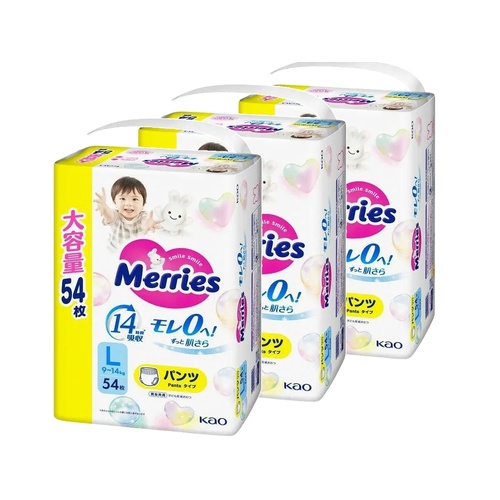 Merries Nappy Pants Giant Pack Size L 1Carton 162pcs (L54x3) 9-14KG - Up to 14Hours