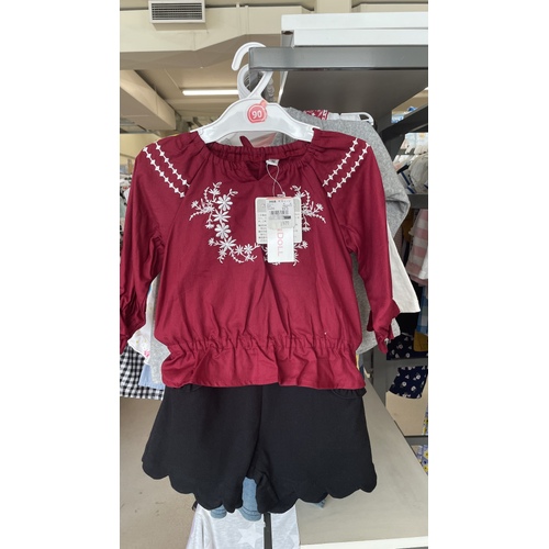 Elfindoll Japan 100% Cotton Girl Long Sleeve Top Size 90cm (Dark Red with White Flower)- 西松屋