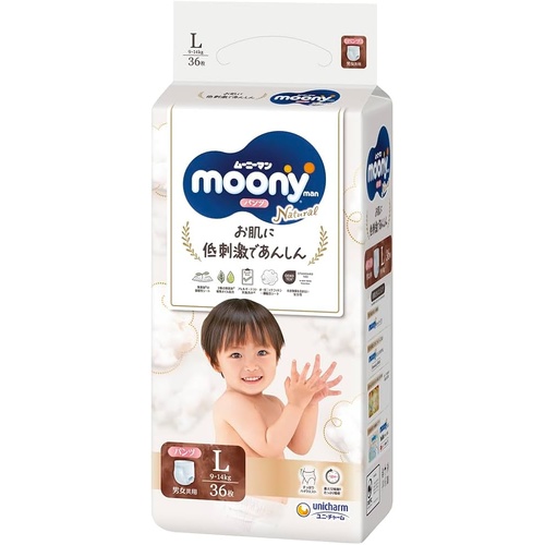 Moony Natural Nappy Pants Size L 36 Pack (9-14KG)  2024 VERSION 