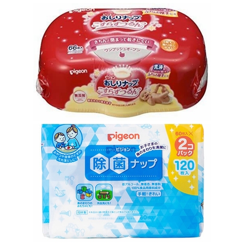 Pigeon Premium Thick Baby Wipes with Milky Lotion 66pcs Dispenser + Pigeon Anti Bacterial Baby Wipes 120pcs (60x2) 除菌