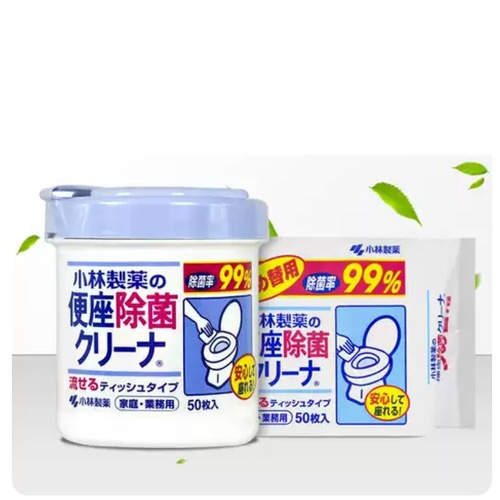 Kobayashi Toilet Seat Cleaning Wipes Anti-Bacterial Flushable 50 Sheets Dispenser + Refill 50 Sheets